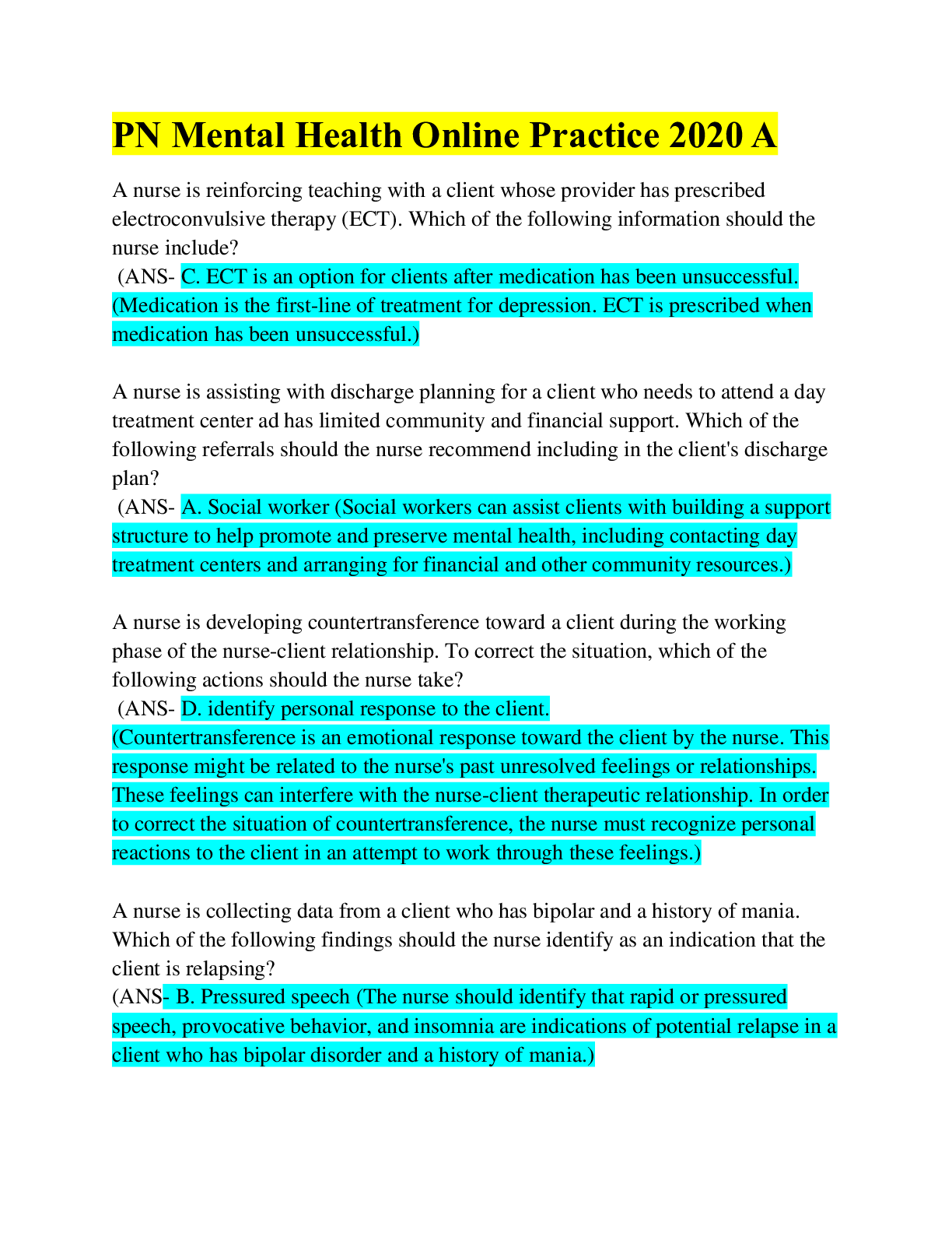 Preview of PN Mental Health Online Practice 2020 A/ Latest Updated/ Q&A